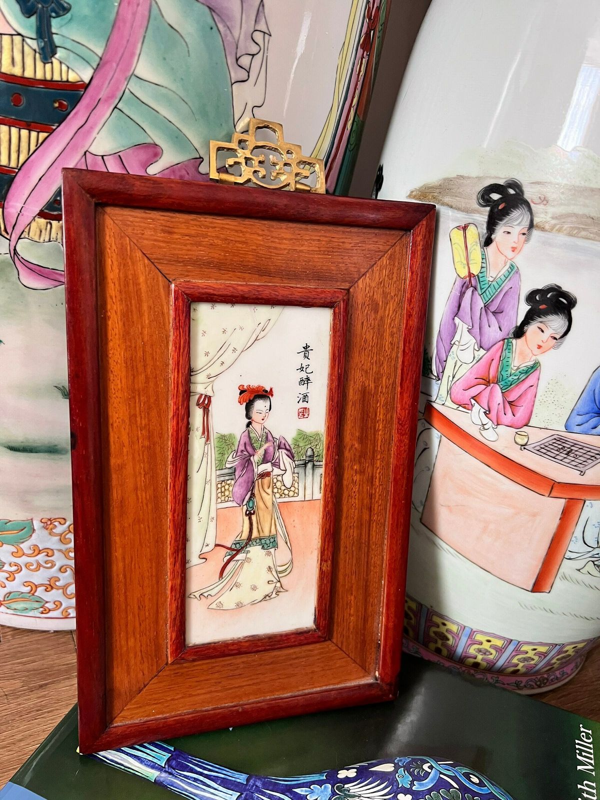 Porcelain Plaque Chinese Famille Verte Porcelain Plaque, Rose Wood Framed Chinese Republic Hand Painted Porcelain Plaque photo vinterior