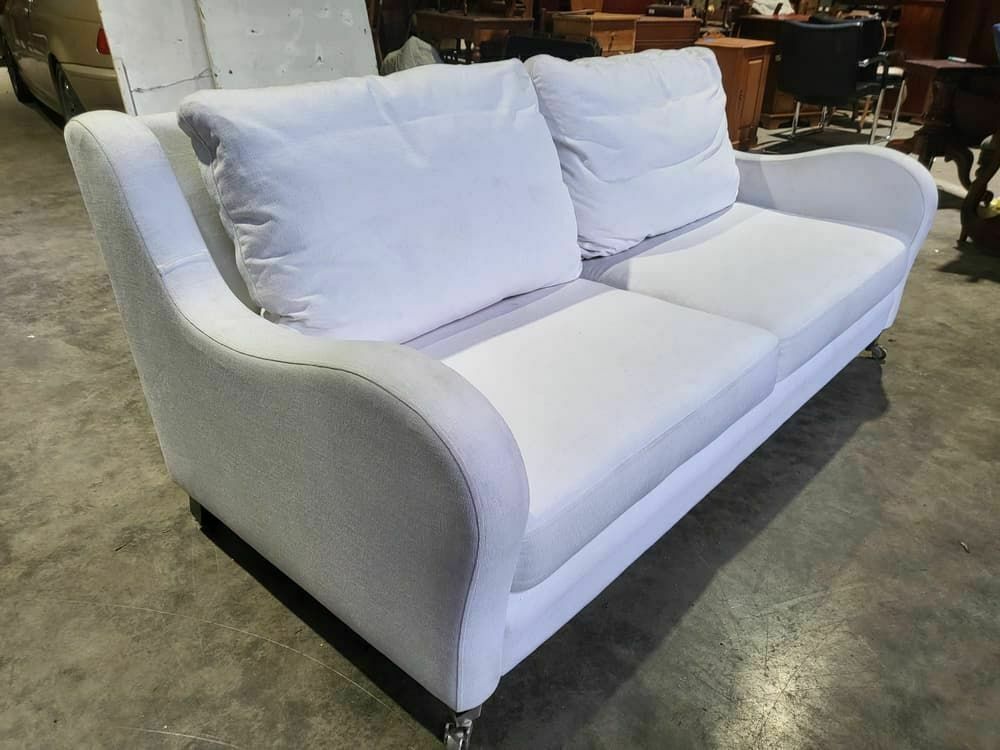 Sofa 2 Seat Feather Cushions Castors Curved Sides Oatmeal White Fabric photo for sale