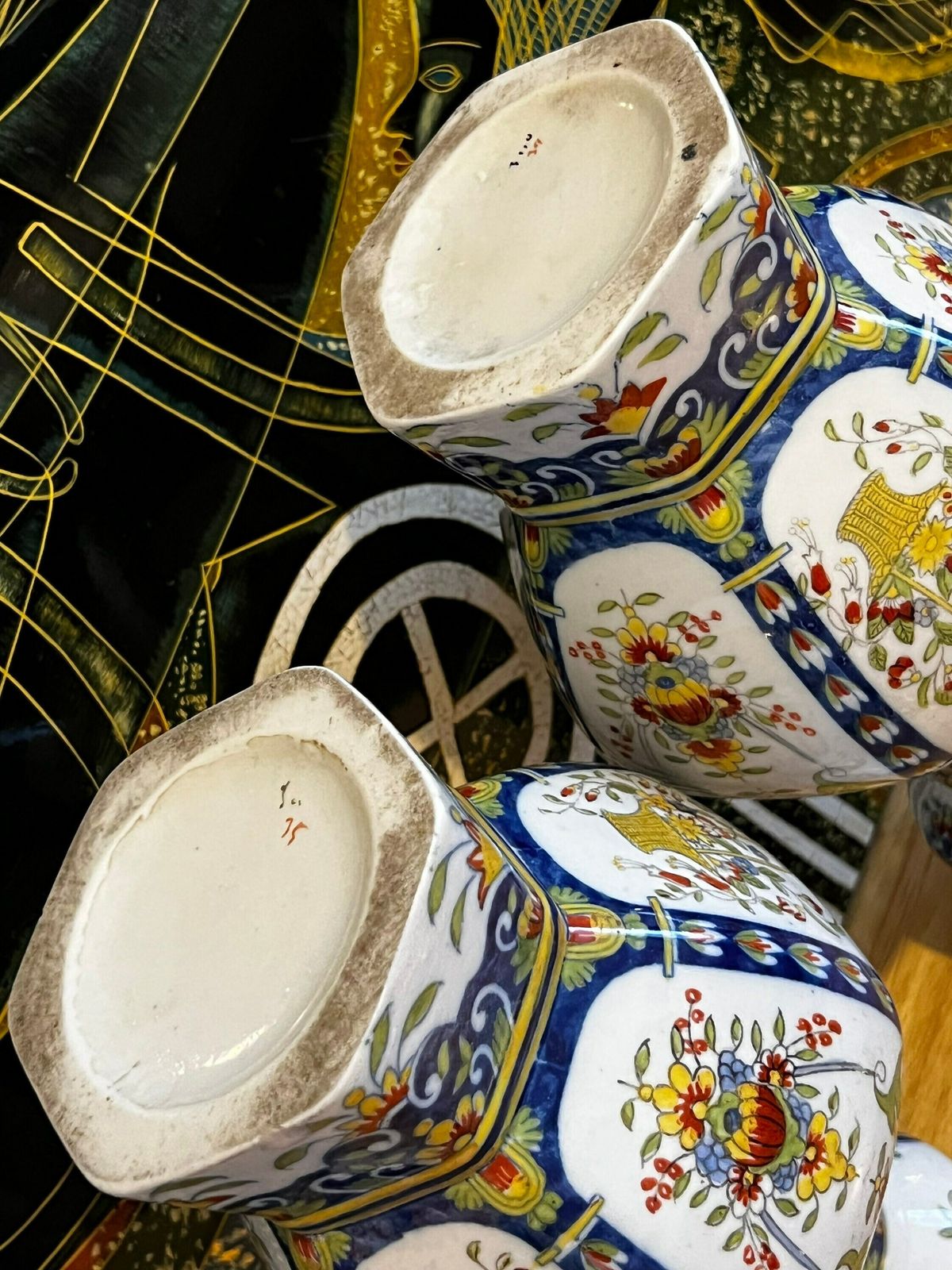 19th Century Polychrome Delft Vases, Earthenware / Porcelain Garlic Neck Double Vases, Delftware Porcelain Twin Vases photo for sale