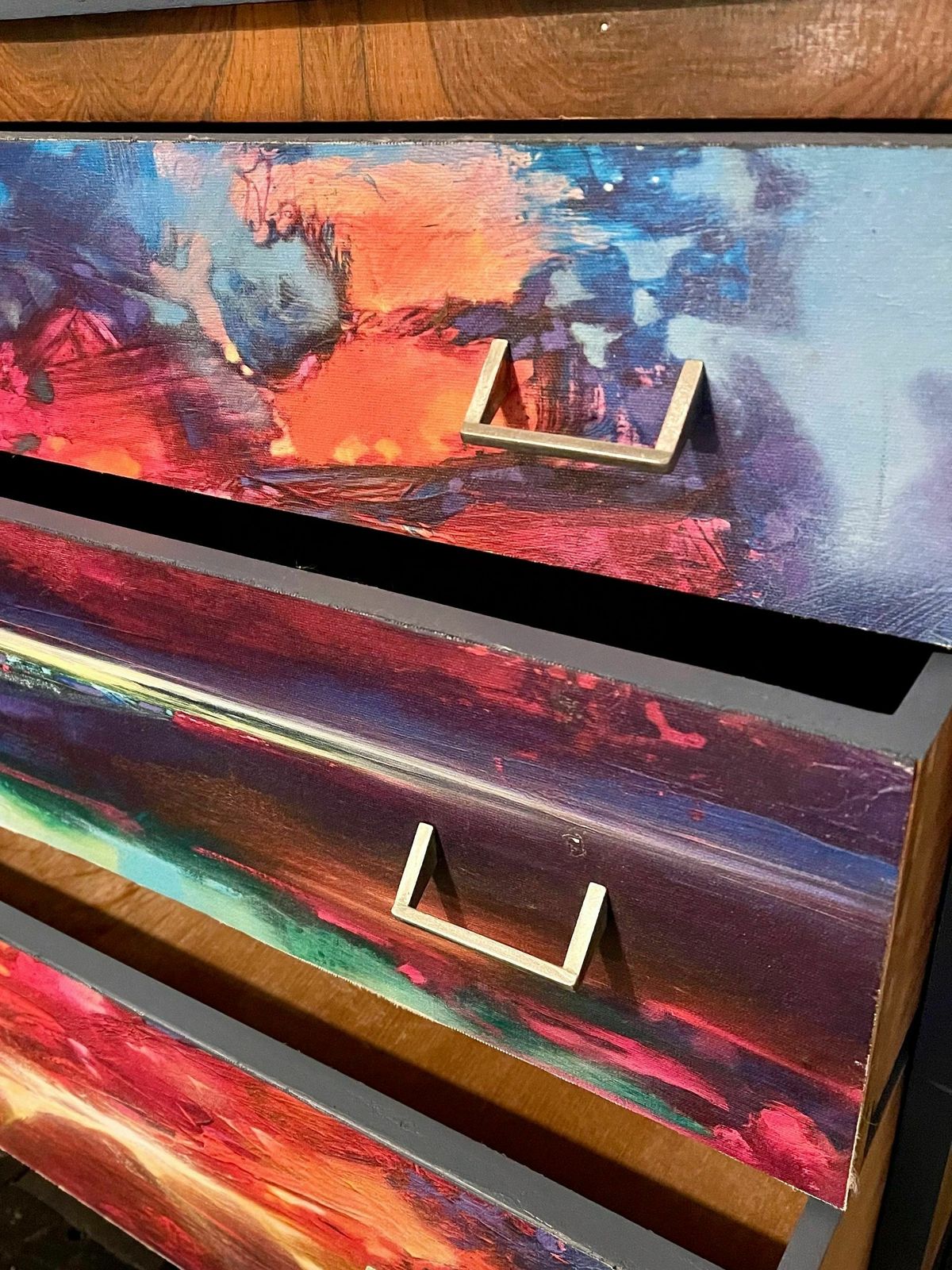 1950s Chest Of Drawers With Neon Bright Abstract Digital Print Decoupage Front photo vinterior