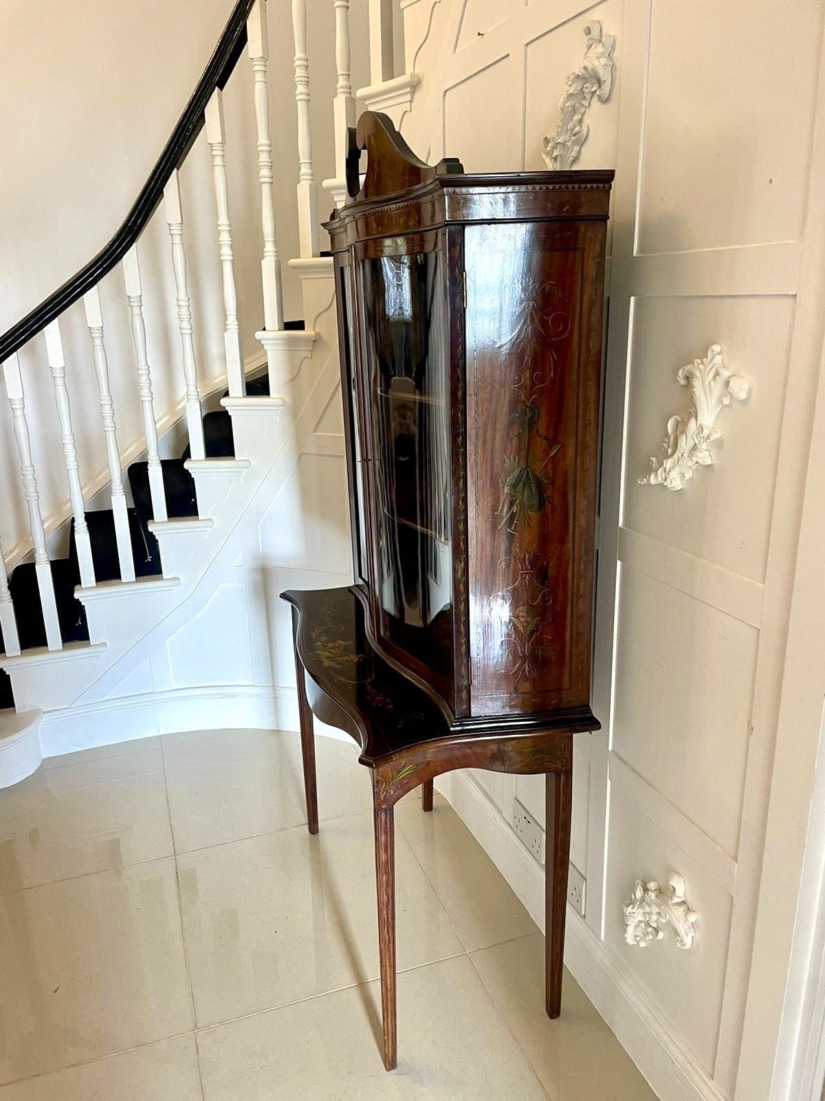photo buy Antique 19th Century Quality Mahogany Display Cabinet With Original Painted Decoration