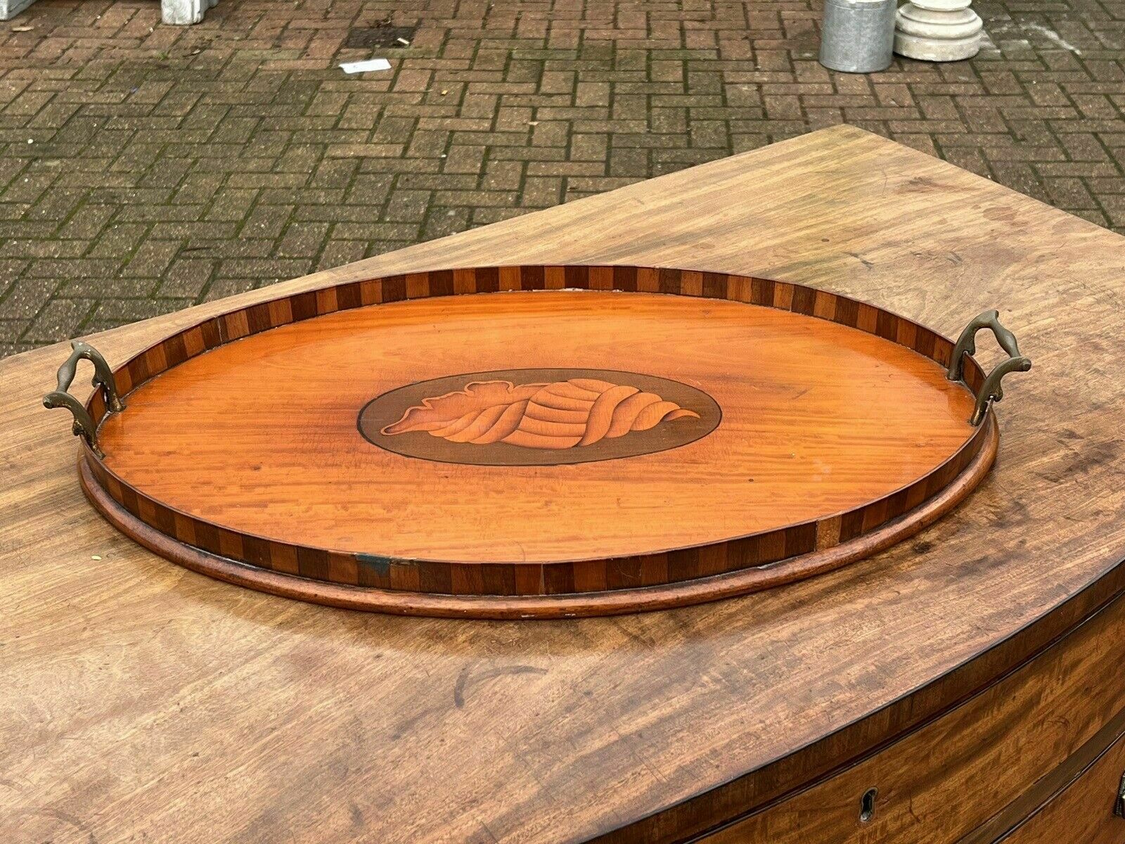English Georgian Mahogany Tray With Marquetry Inlay & Brass Handles photo furniture