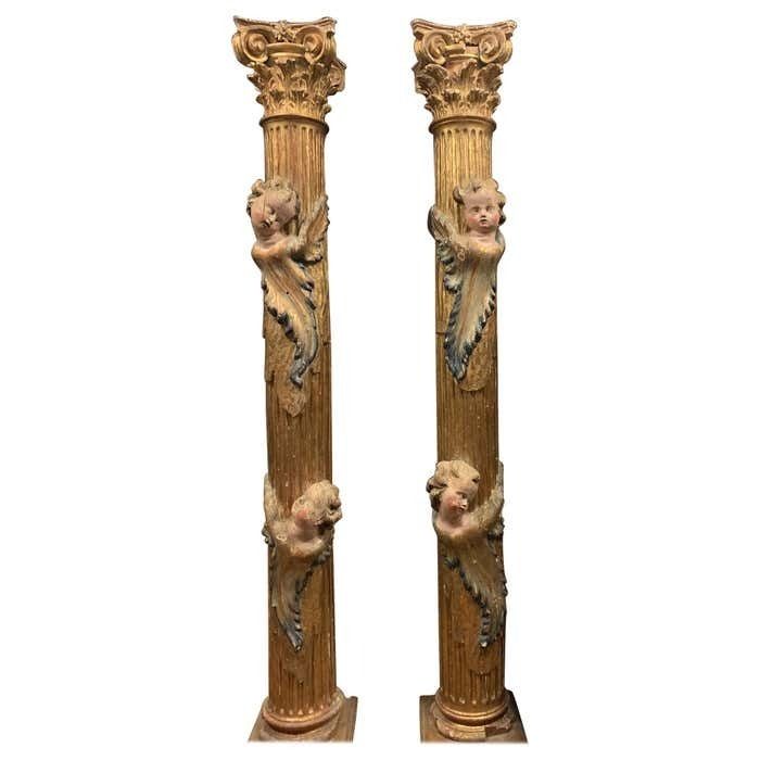 Pair Of Wooden Columns, Carved And Gilded With Polychrome Putti, From Spain.