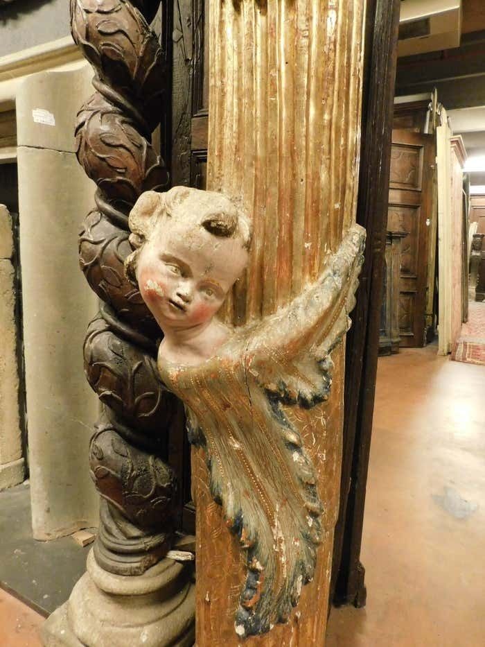 photo vinterior Pair Of Wooden Columns, Carved And Gilded With Polychrome Putti, From Spain.