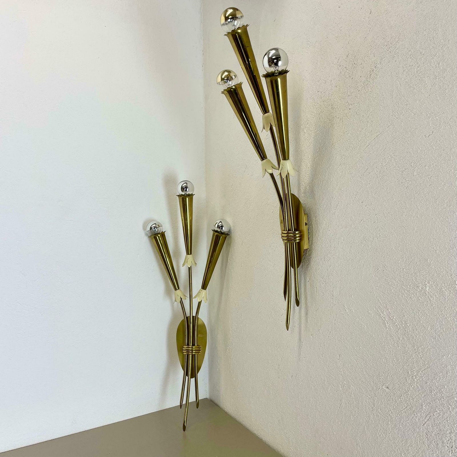 Set Of 2 Xl Brass 59cm Stilnovo Style Theatre Wall Light Sconces, Italy, 1950s photo for sale