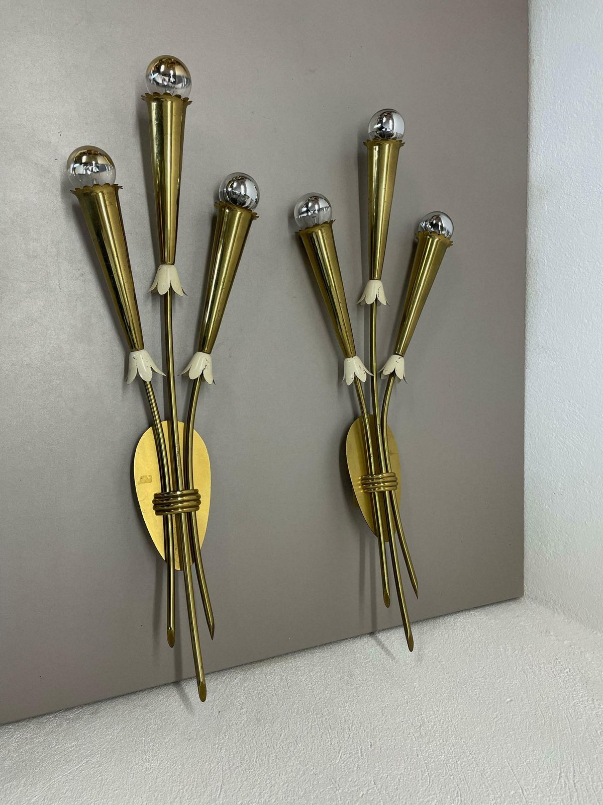 Set Of 2 Xl Brass 59cm Stilnovo Style Theatre Wall Light Sconces, Italy, 1950s photo Lighting