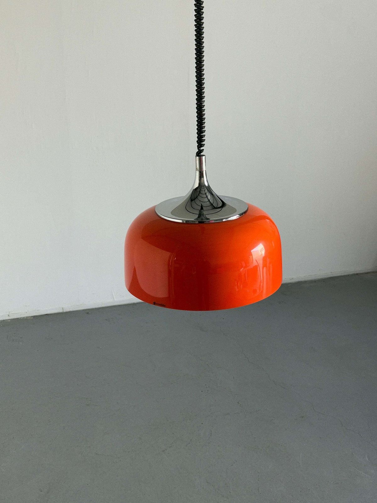Mid Century Modern Orange Pendant Lamp Designed By Harvey Guzzini For Meblo, 1970s Space Age, Yugoslavia / Atomic Age Ufo Hanging Light photo for sale