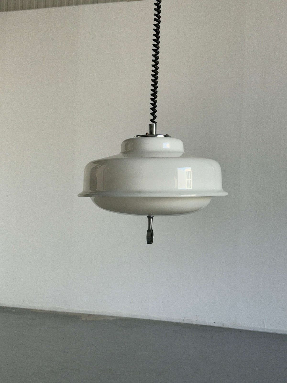 Vintage Mid Century Modern White Pendant Mushroom Lamp Designed By Harvey Guzzini For Meblo, 1970s Space Age / Atomic Age Ufo Light photo for sale