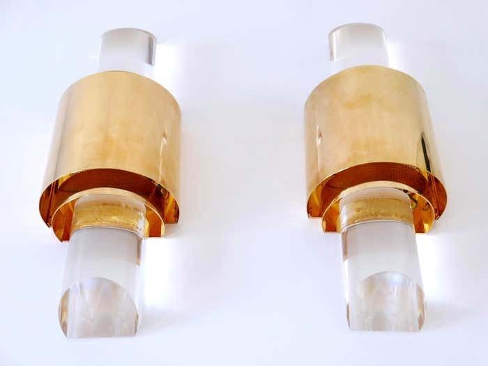 photo for sale Set Of Two Exceptional Gilt Brass & Lucite Sconces Or Wall Lights Germany 1980s