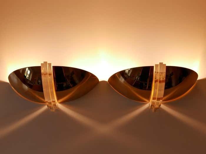 Set Of Two Elegant Gilt Brass & Lucite Sconces Or Wall Lights Germany 1980s photo buy