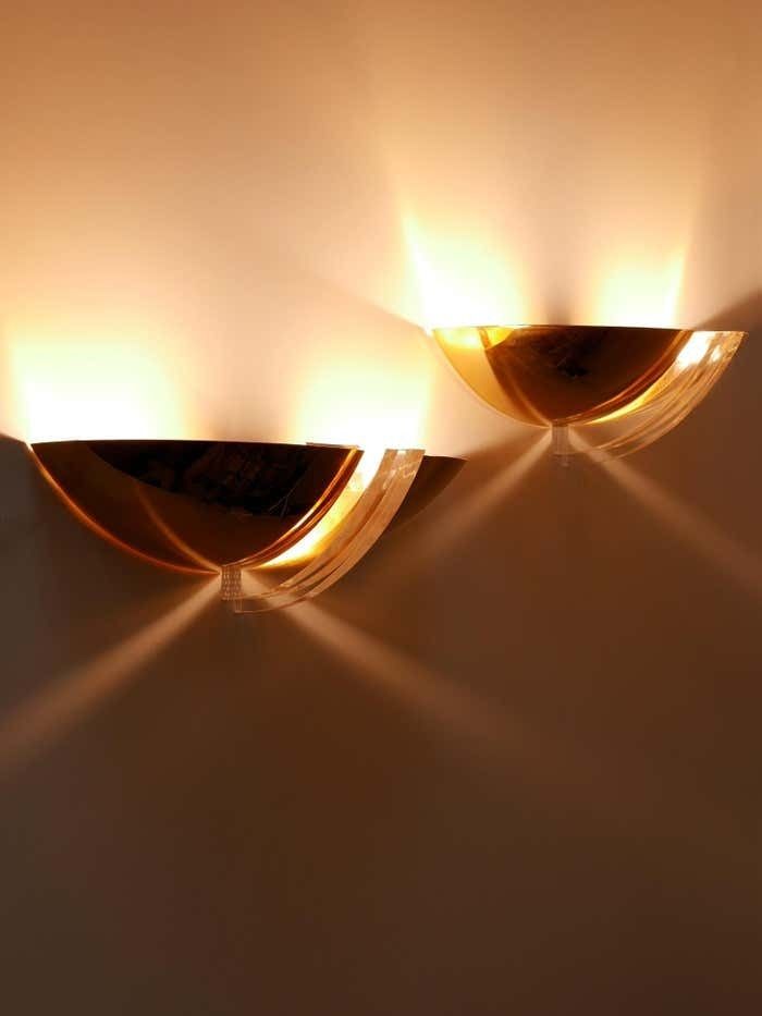photo buy Set Of Two Elegant Gilt Brass & Lucite Sconces Or Wall Lights Germany 1980s