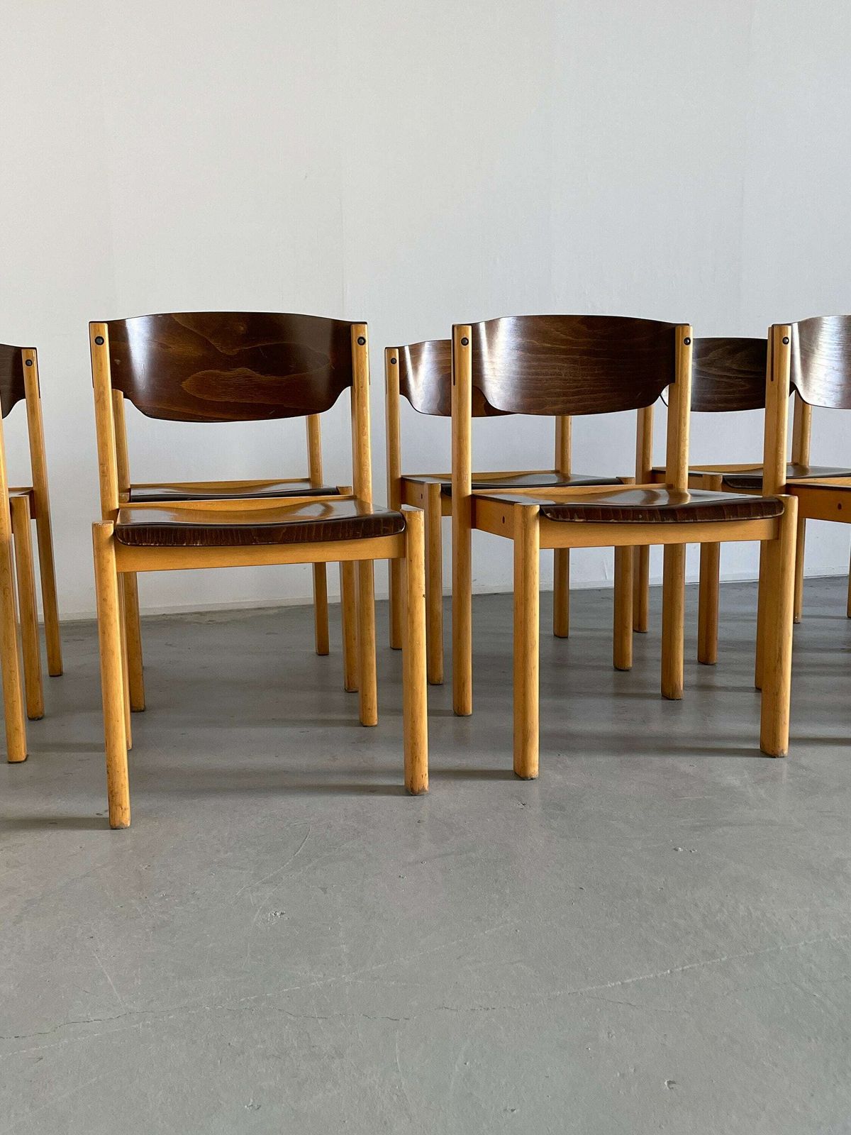 Mid Century Modern Stackable Dining Chairs Or Visitor Chairs In The Style Of Roland Rainer, Beech And Stained Plywood, 1970s Germany photo vinterior