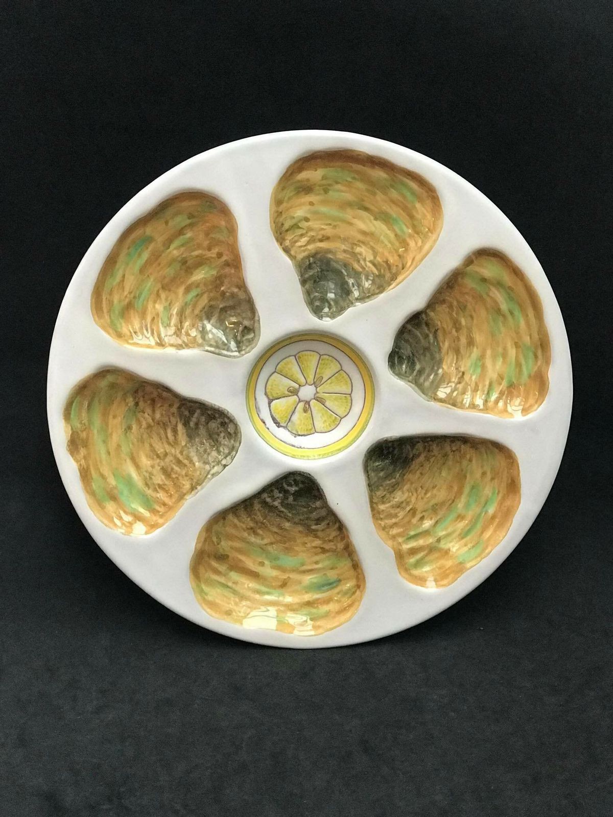 Oyster Plate Majolica Oyster Dish Italian Yellow White And Green Majolica Oyster Plate Collectable Glazed Hand Painted Collection photo vinterior
