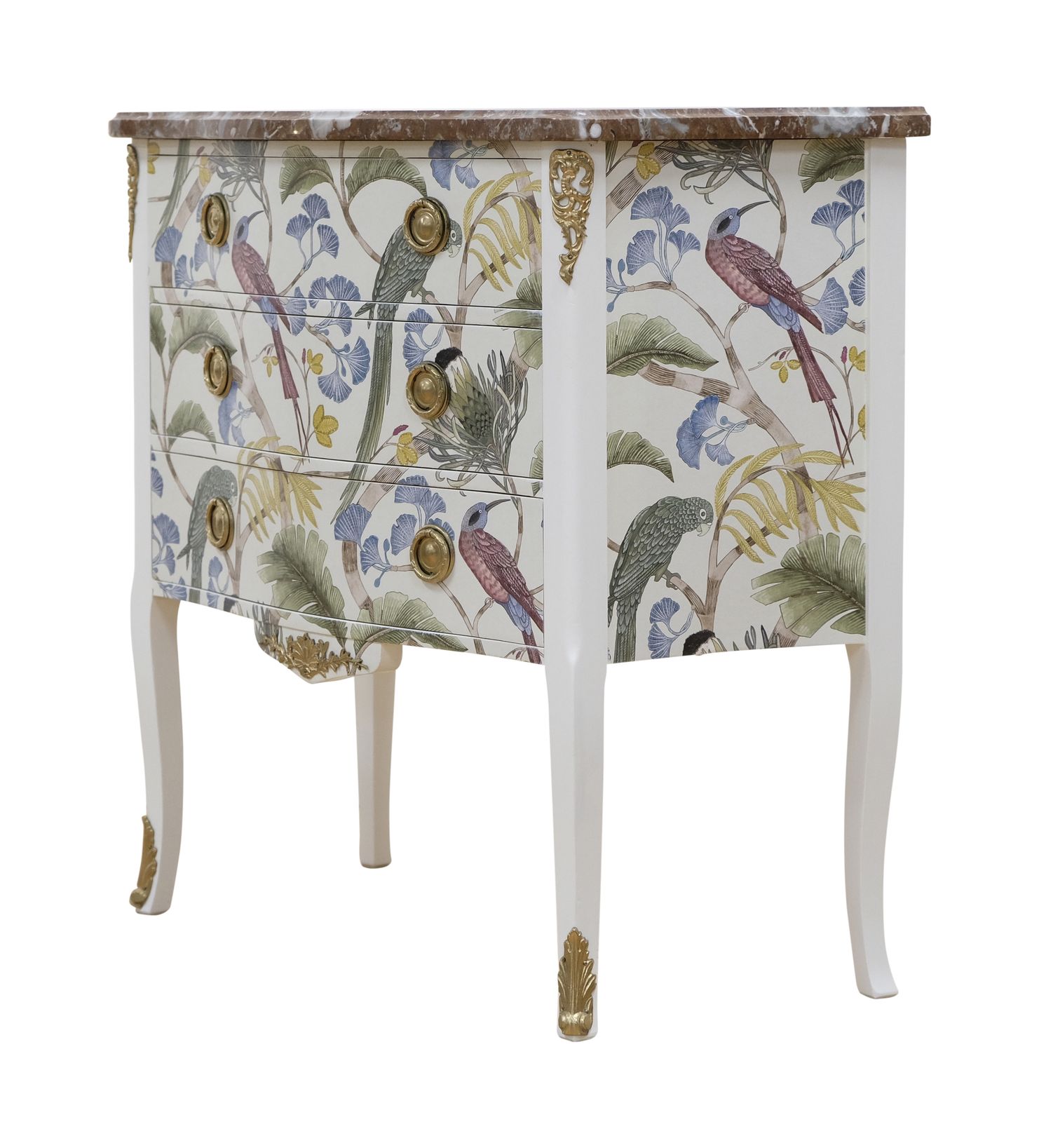Louis XV Style 3 Drawer Chest With Exotic Birds Design And Natural Marble Top photo furniture
