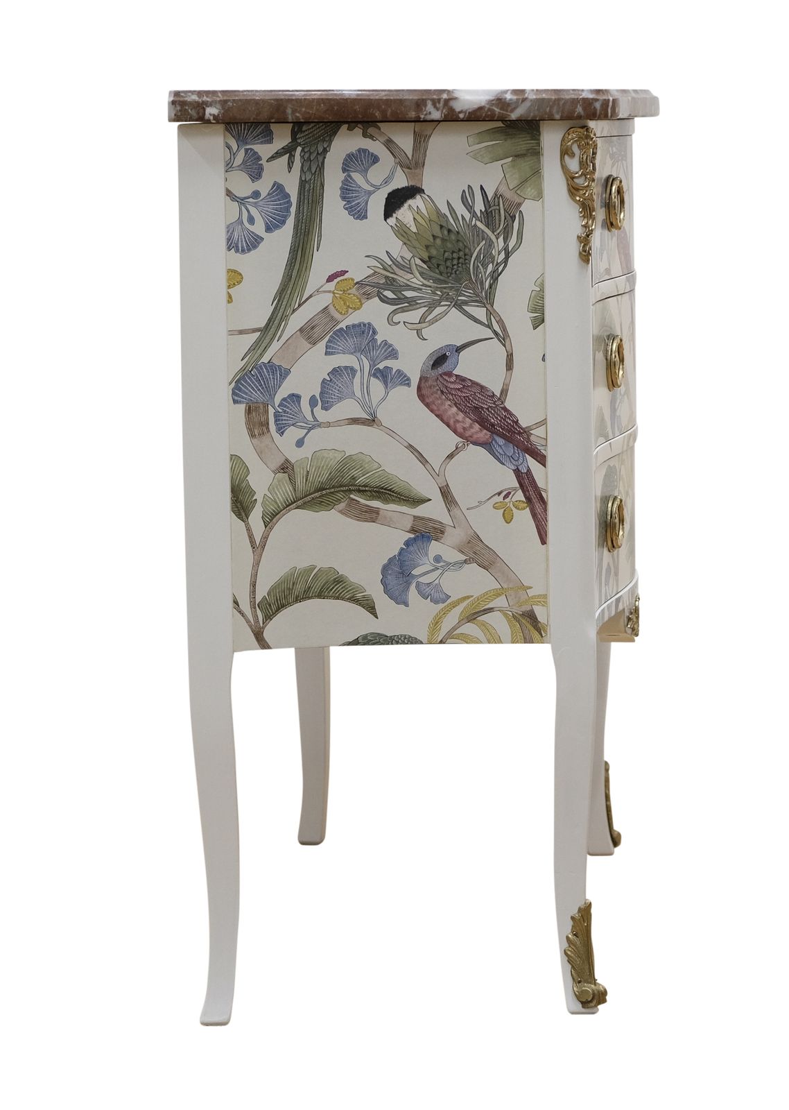 Louis XV Style 3 Drawer Chest With Exotic Birds Design And Natural Marble Top photo for sale