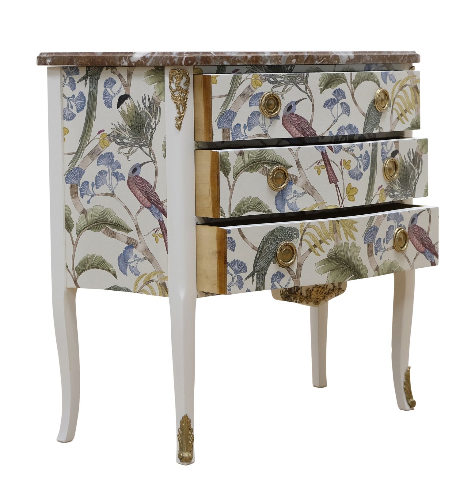 Louis XV Style 3 Drawer Chest With Exotic Birds Design And Natural Marble Top photo vinterior