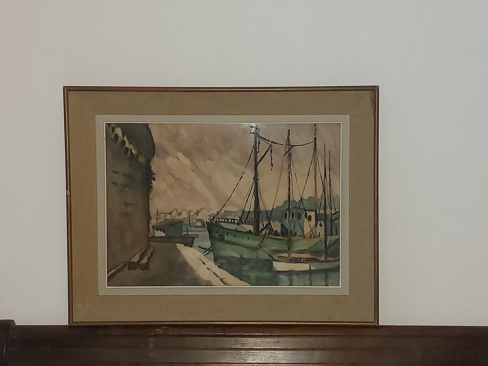Original Tranquil 20th Century Watercolour; Boats Moored In A Harbour photo for sale