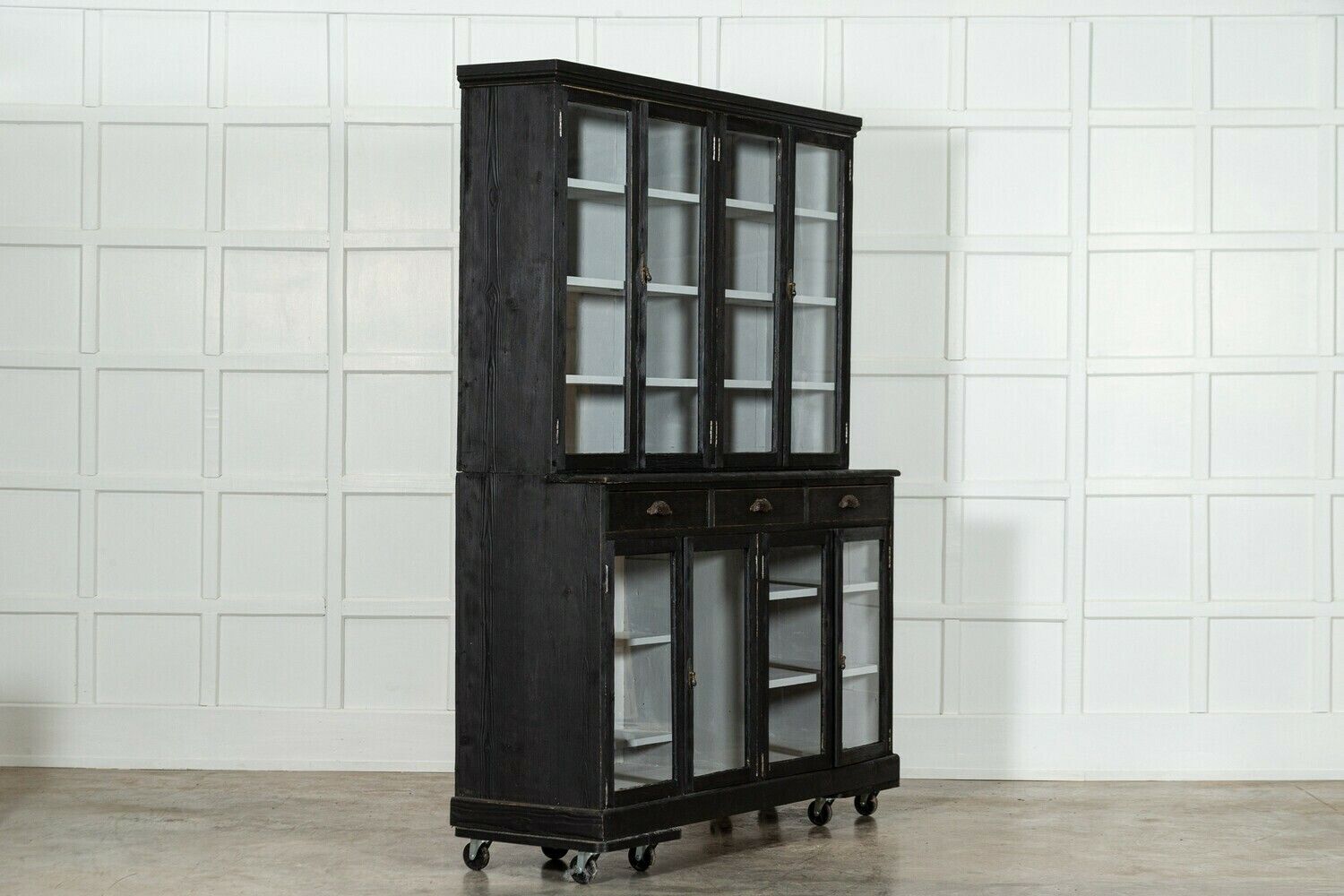 Large 19thc English Ebonised Pine Glazed Dresser / Bookcase photo for sale