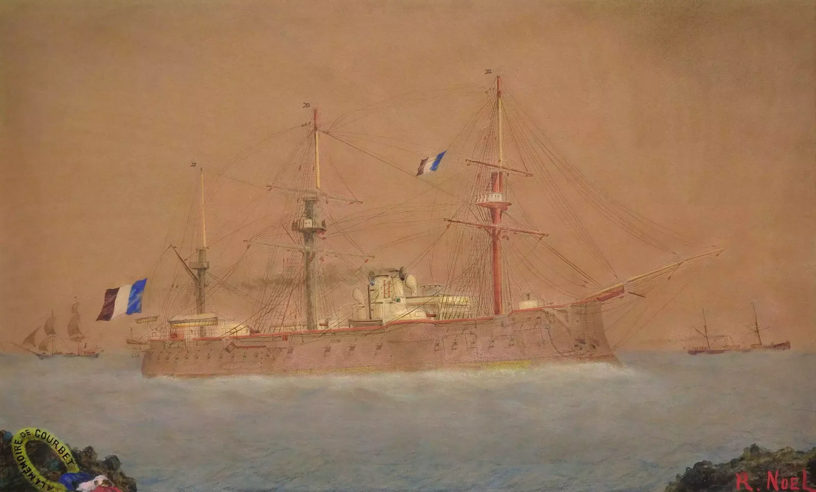 French Navy Ironclad Battleship. A La Mémoire De Courbet. Circa 1910. Framed Watercolour Painting. A Sailor's Lament For His Ship & Shipmates. photo furniture