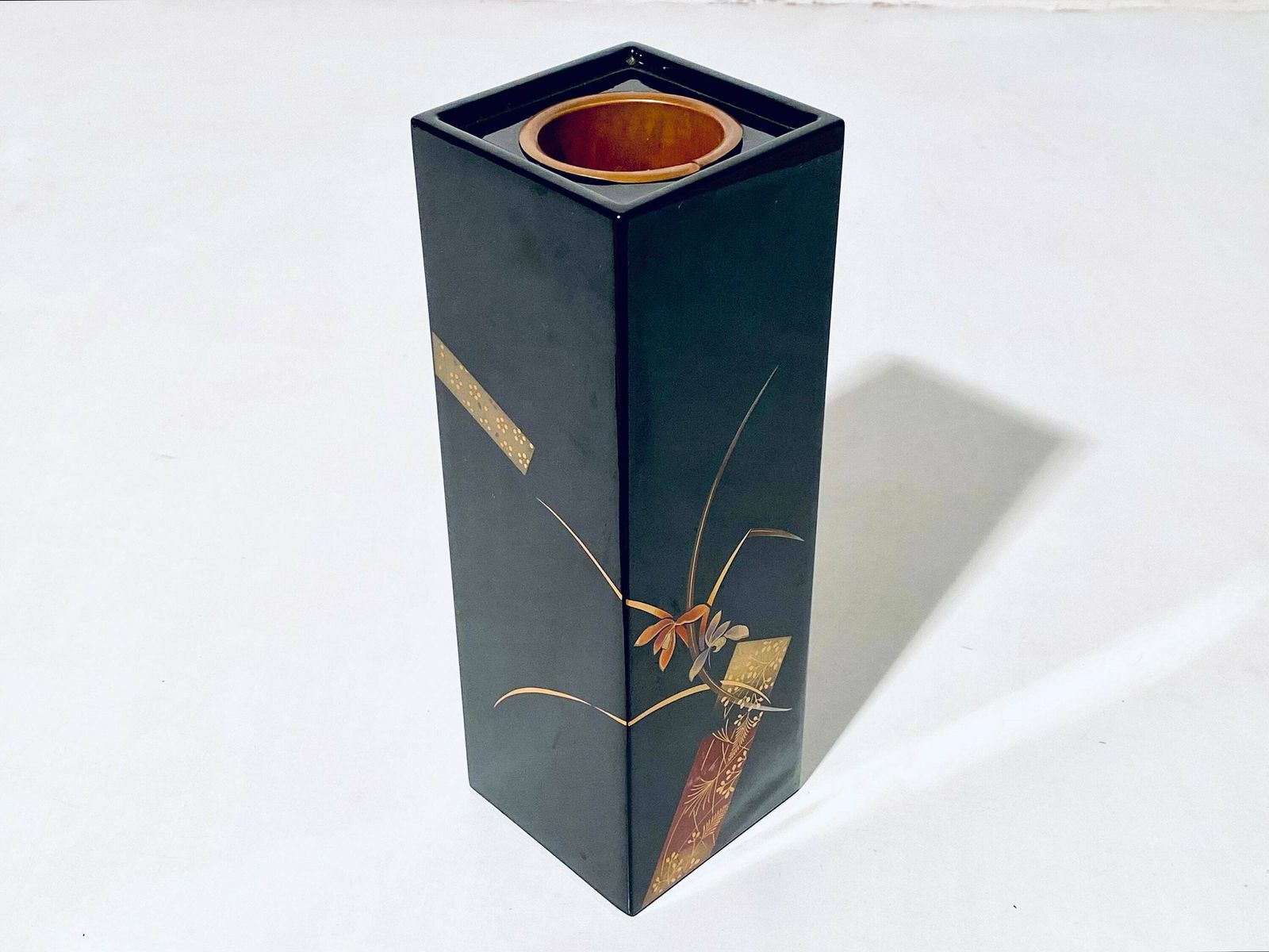 Large Japanese Art Deco Black Lacquer Rectangular Vase With Floral Motif / Traditional Art 1940s photo furniture