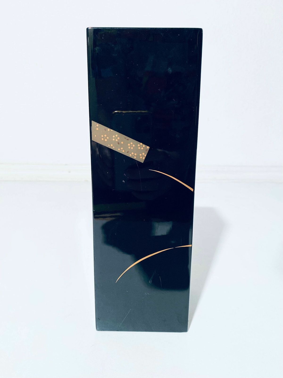 Large Japanese Art Deco Black Lacquer Rectangular Vase With Floral Motif / Traditional Art 1940s photo 198.0