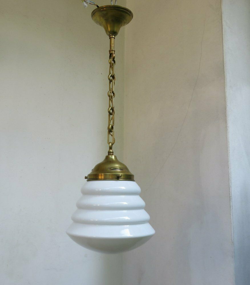 Extraordinary Art Nouveau Ceiling Lamp In Brass And Opaline Glass, Austria, 1910s