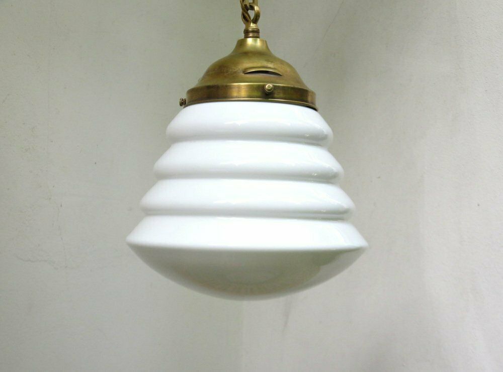 Extraordinary Art Nouveau Ceiling Lamp In Brass And Opaline Glass, Austria, 1910s photo for sale