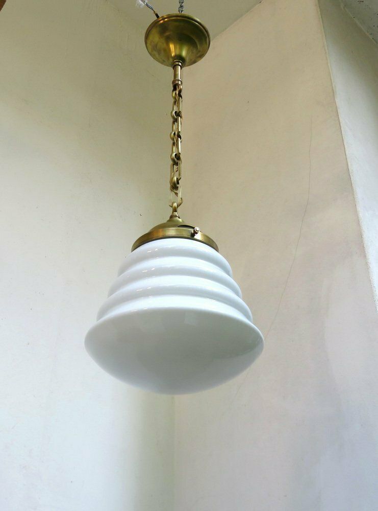 Extraordinary Art Nouveau Ceiling Lamp In Brass And Opaline Glass, Austria, 1910s photo Lighting