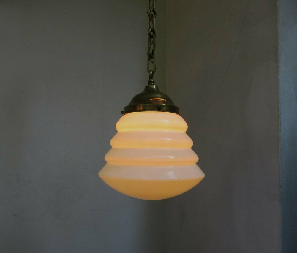 Extraordinary Art Nouveau Ceiling Lamp In Brass And Opaline Glass, Austria, 1910s photo vintage