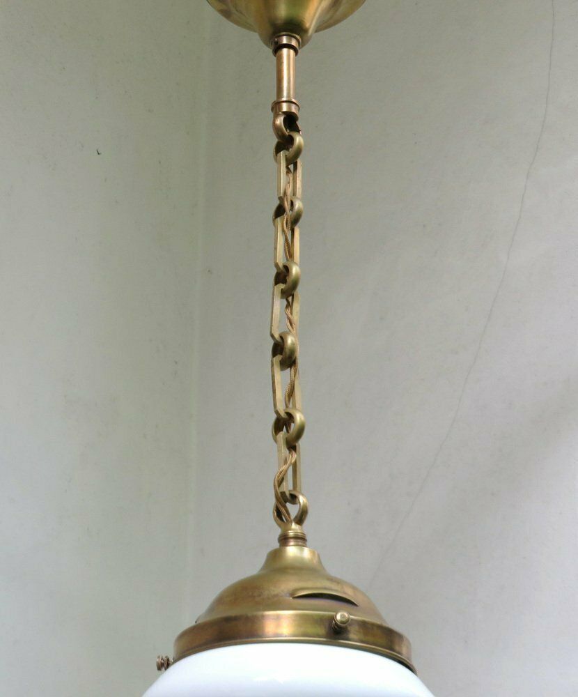 4604.45 Extraordinary Art Nouveau Ceiling Lamp In Brass And Opaline Glass, Austria, 1910s photo