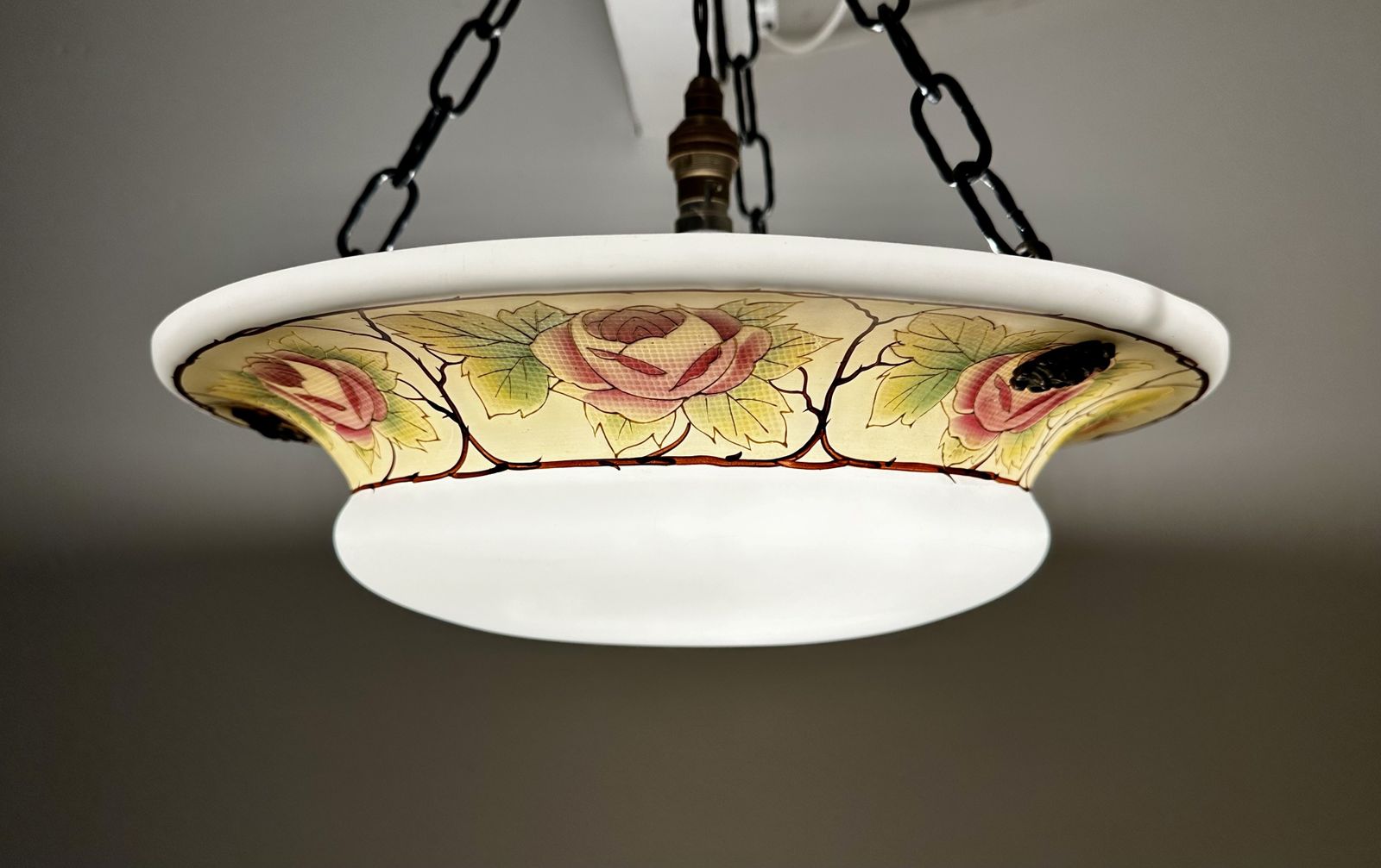 Classic Edwardian Fluted Glass Plafonnier With A Hand Painted Rose Design, Restored, Rewired Ready To Be Placed C.1910 Two Available.