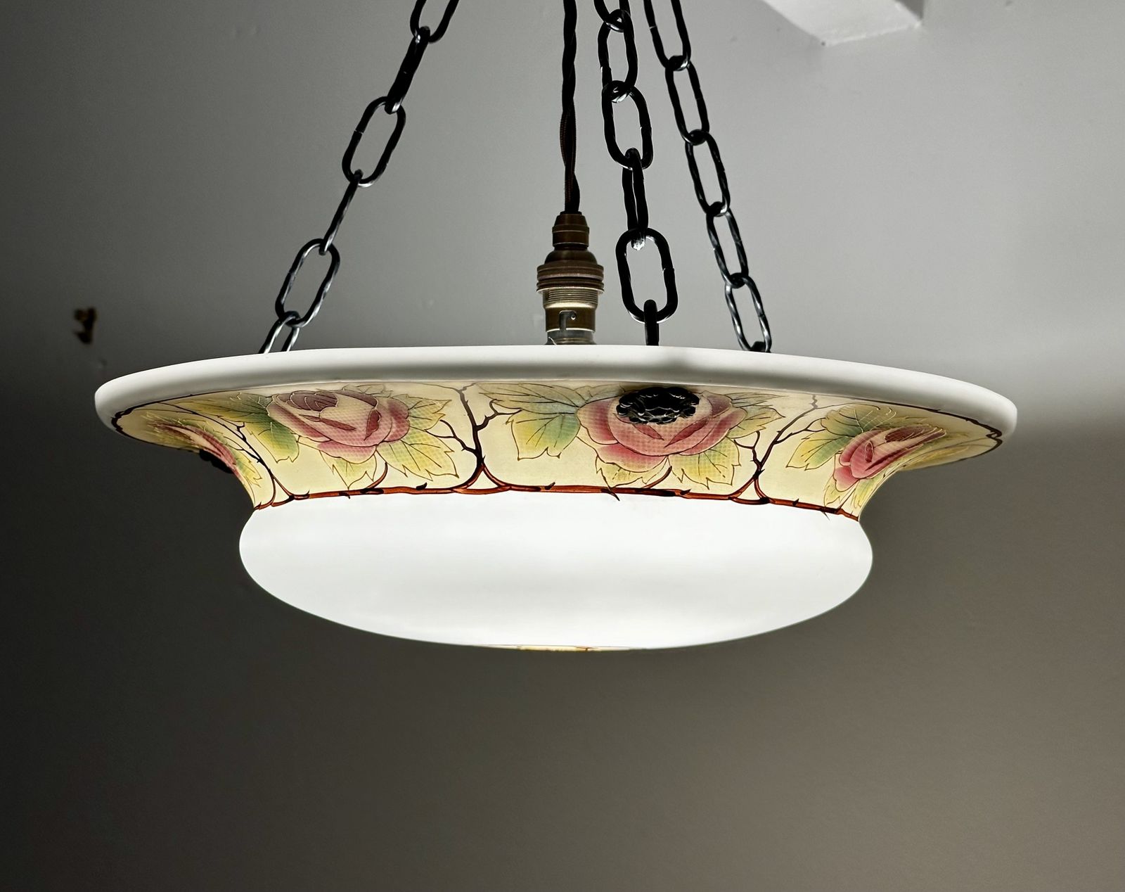 Classic Edwardian Fluted Glass Plafonnier With A Hand Painted Rose Design, Restored, Rewired Ready To Be Placed C.1910 Two Available. photo vinterior