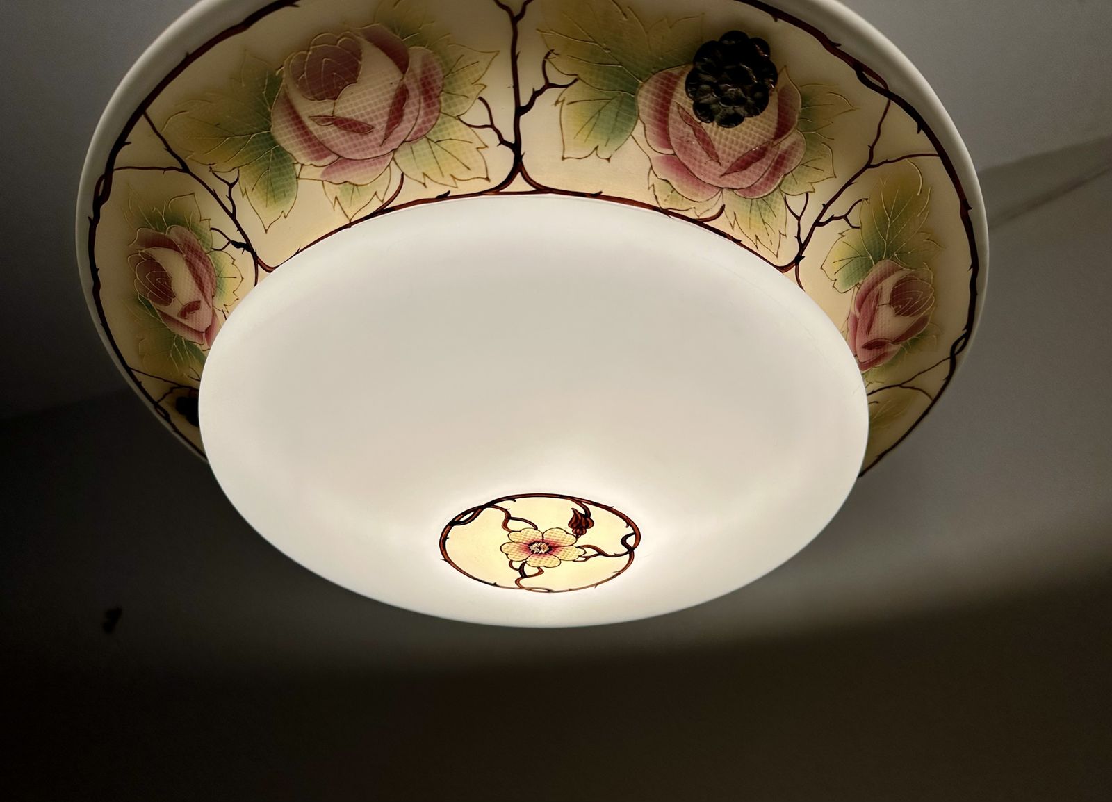 photo for sale Classic Edwardian Fluted Glass Plafonnier With A Hand Painted Rose Design, Restored, Rewired Ready To Be Placed C.1910 Two Available.
