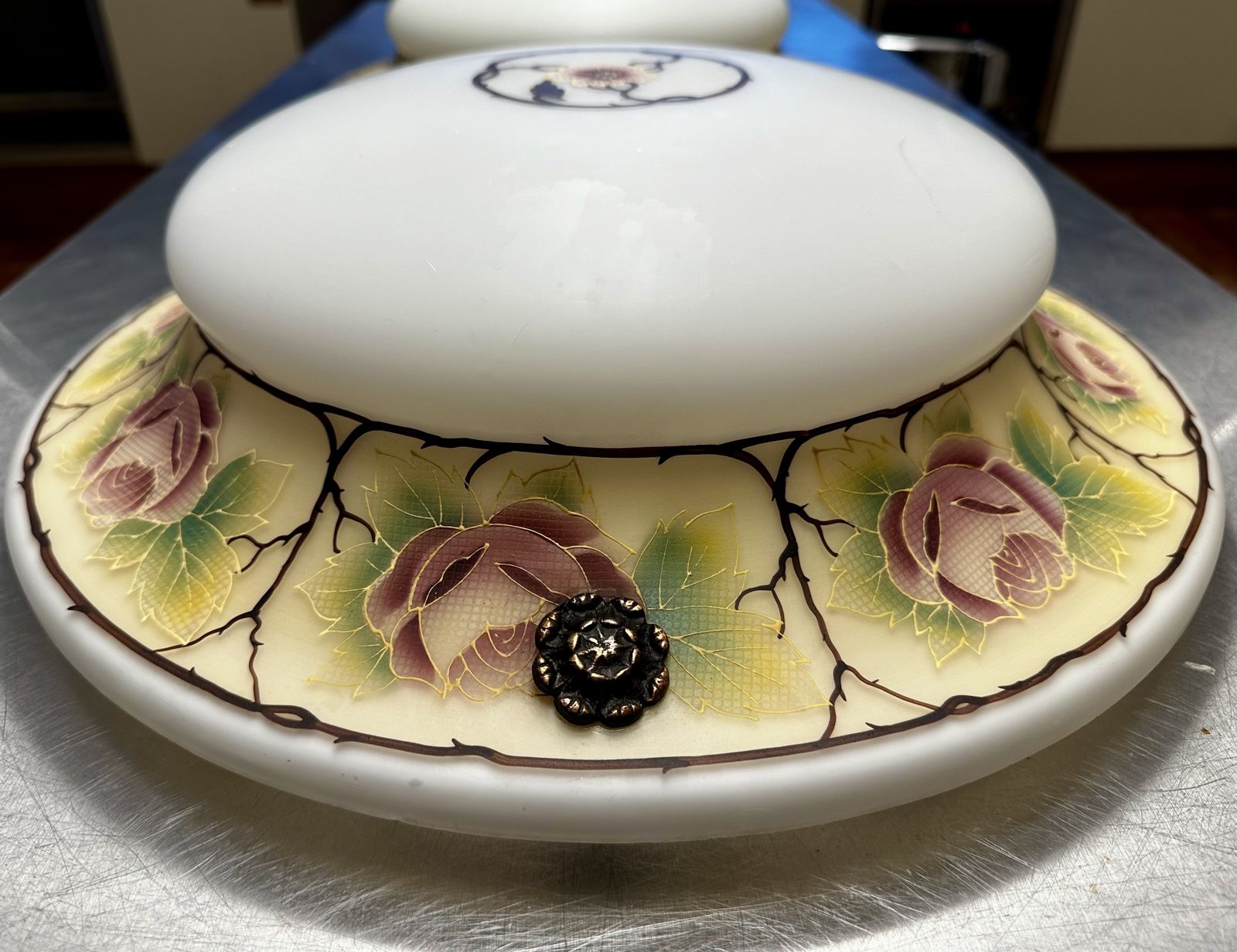 photo buy Classic Edwardian Fluted Glass Plafonnier With A Hand Painted Rose Design, Restored, Rewired Ready To Be Placed C.1910 Two Available.