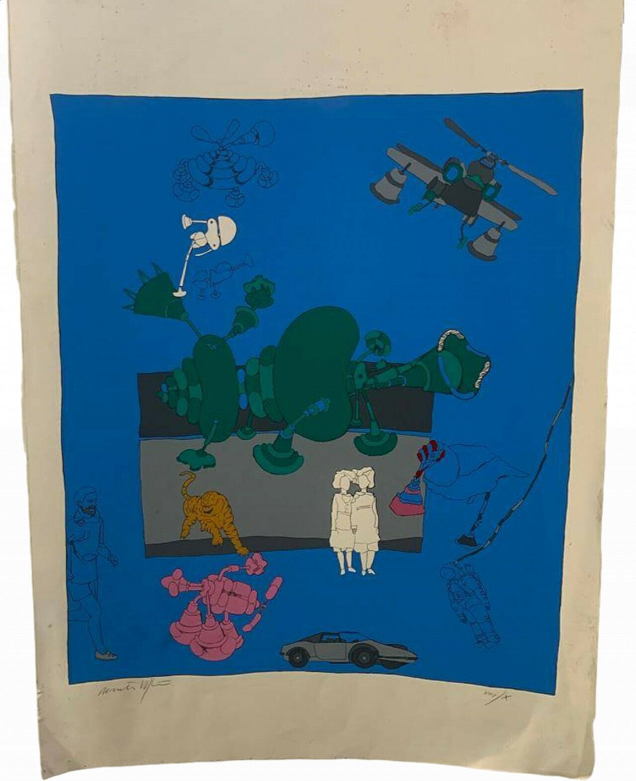Renato Volpini, Characters And Useless Machines, Lithograph, 1960s photo vintage