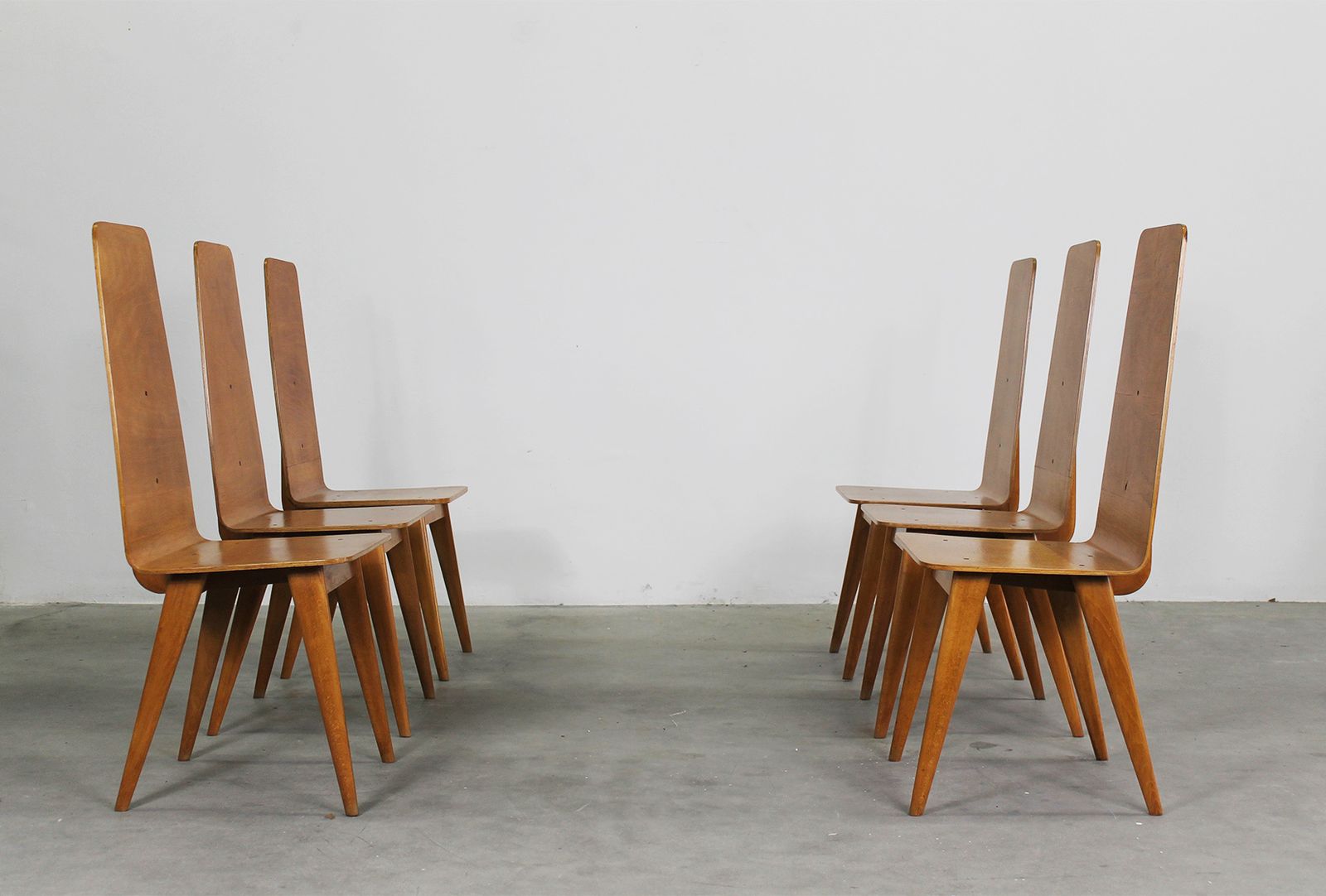 Furniture Sineo Gemignani Set Of Six Chairs In Curved Wood Italian Manufacture 1940s photo