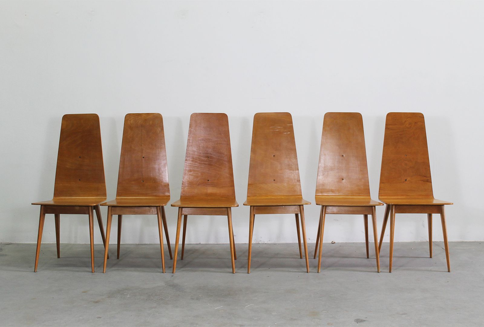 Sineo Gemignani Set Of Six Chairs In Curved Wood Italian Manufacture 1940s