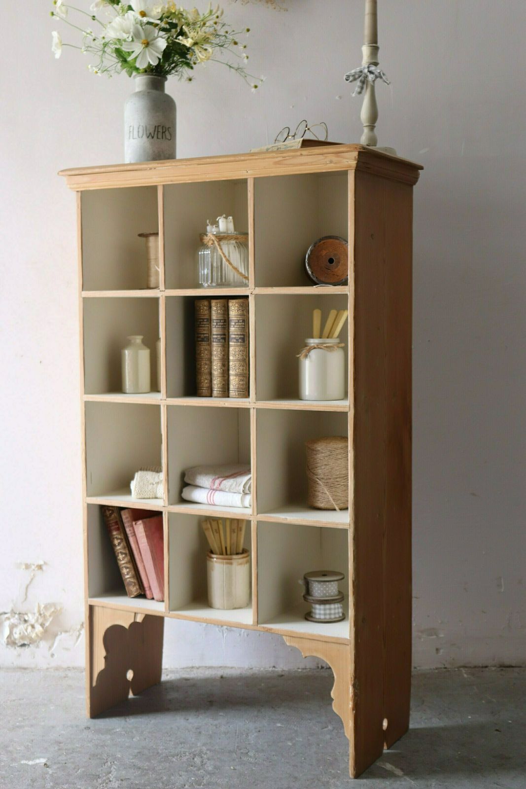 Vintage Freestanding Open Pine Pigeon Hole Cupboard With Linen Painted Shelves photo Furniture