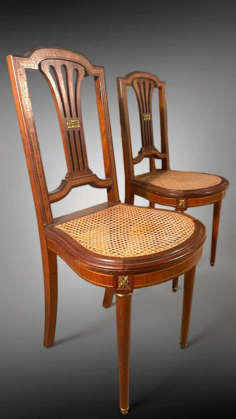 Beautiful Pair Of Antique French Empire Mahogany Satin Wood Inlay Louis XV Cane Show Chairs