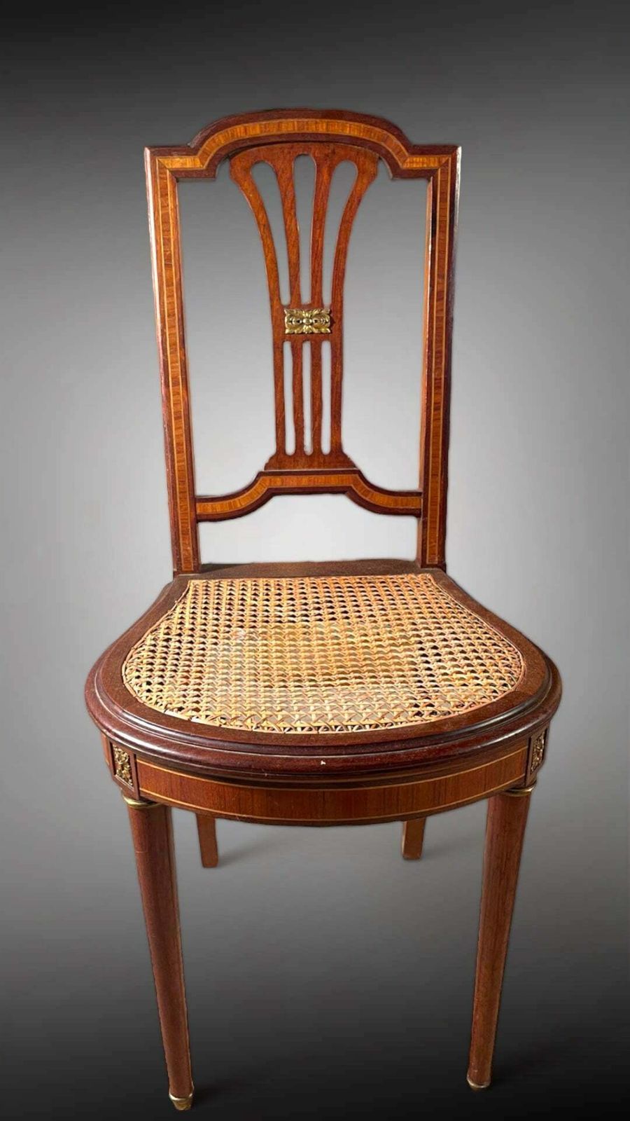 Beautiful Pair Of Antique French Empire Mahogany Satin Wood Inlay Louis XV Cane Show Chairs photo furniture