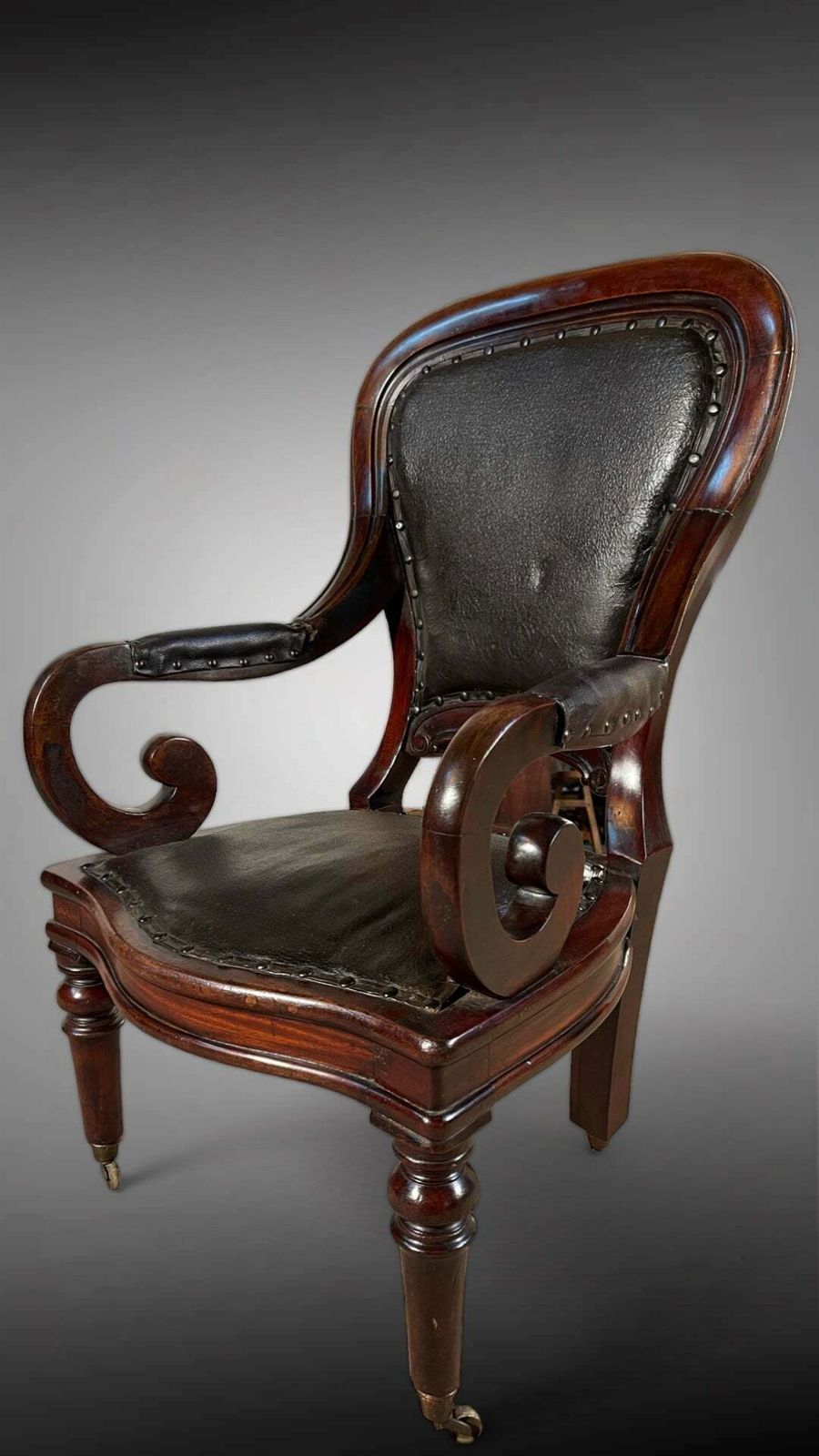 Exceptional Quality Antique English Leather & Mahogany Clerks Desk Chair Circa 1830