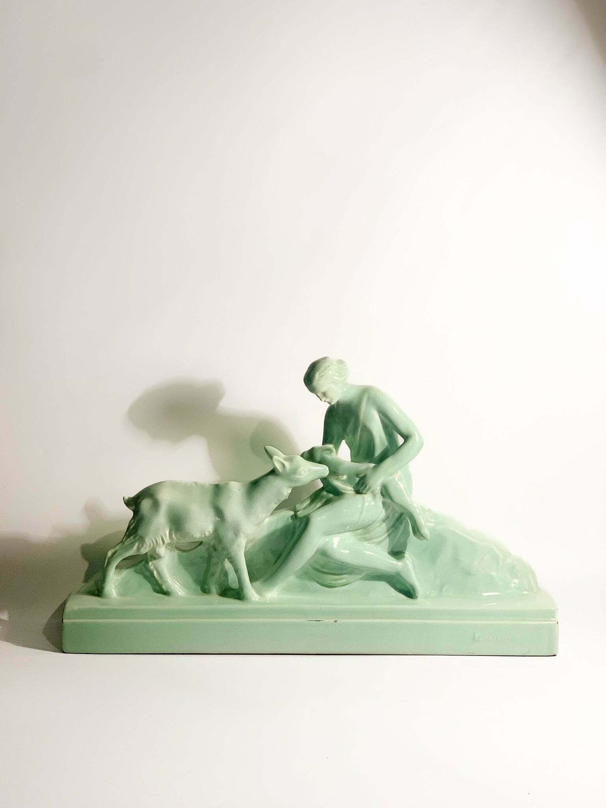 French Ceramic Sculpture Of Diana With Fauna From The 1940s