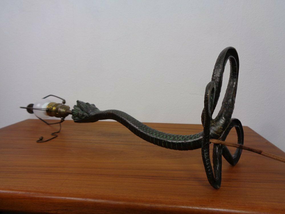 photo vintage Art Deco Snake Bonze Table Lamp, France, 1920s