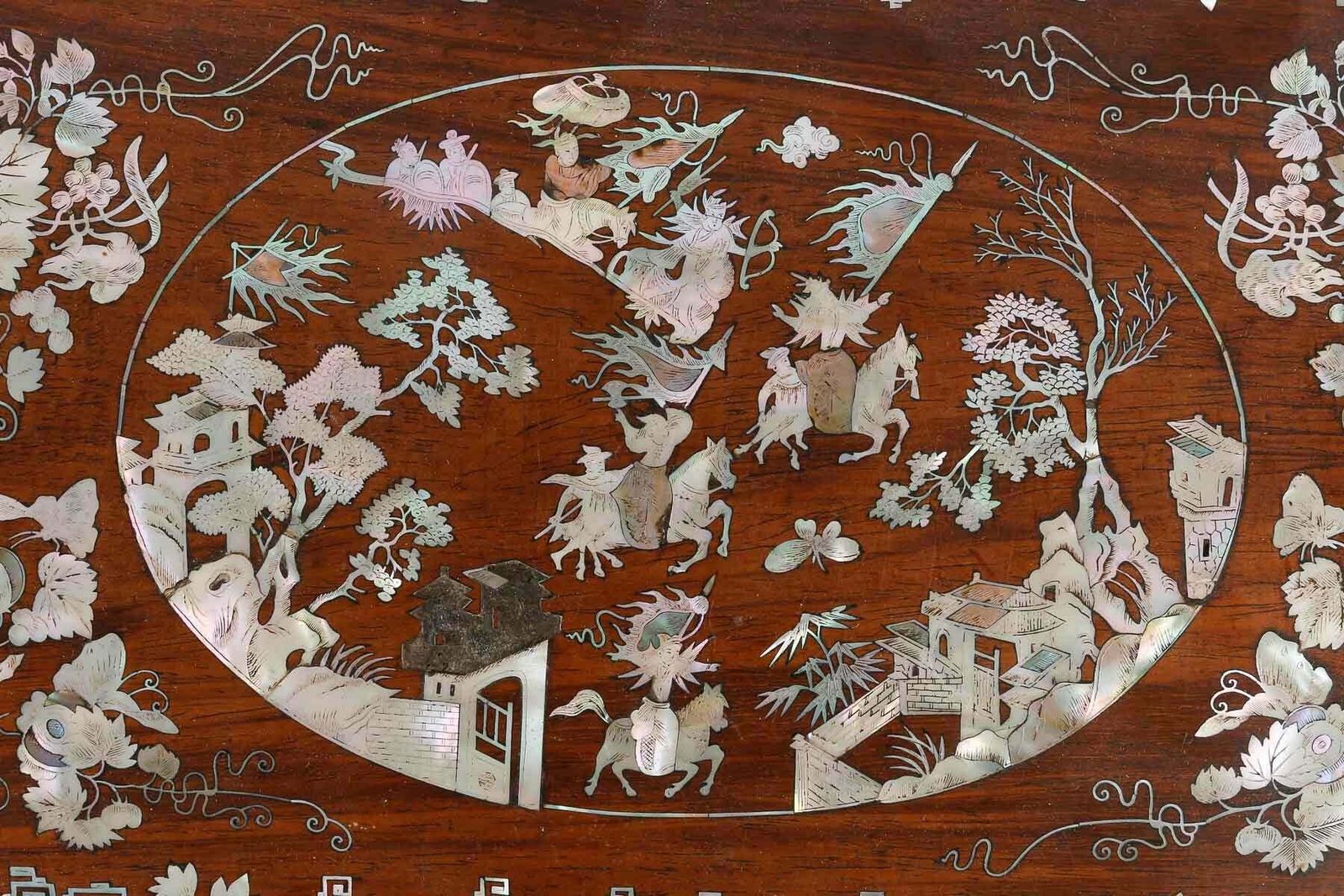 4 Panels Of A Wooden Box With Mother Of Pearl Inlay, Chinese Scenes. photo furniture