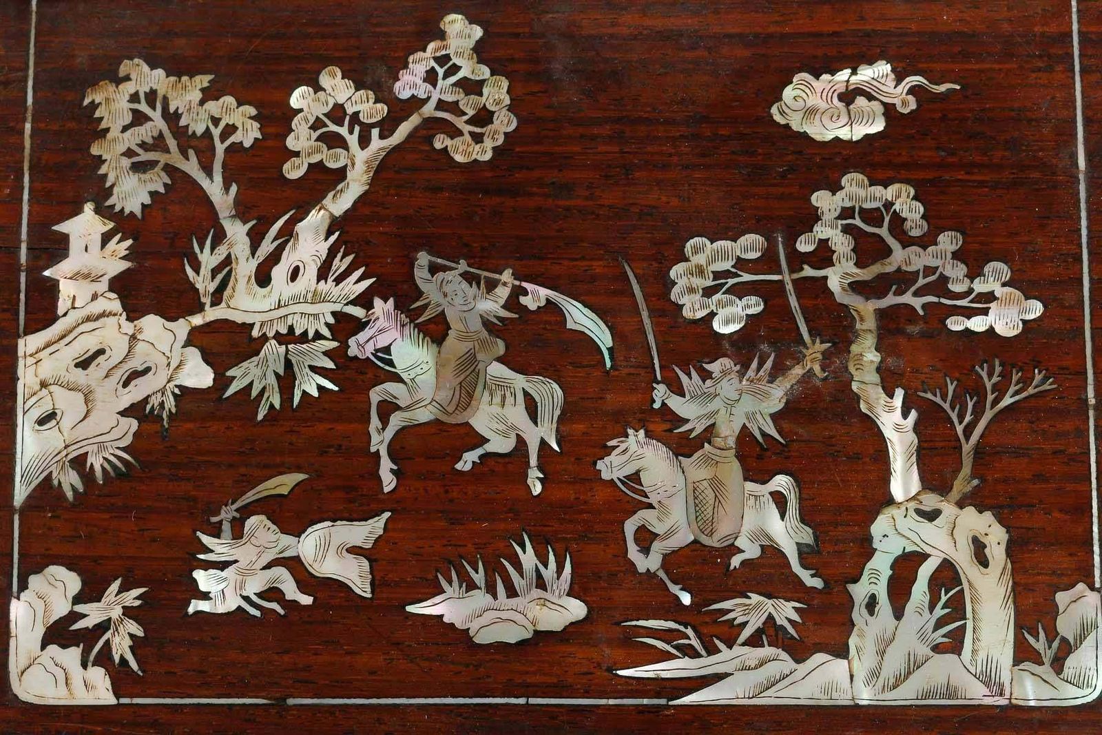 4 Panels Of A Wooden Box With Mother Of Pearl Inlay, Chinese Scenes. photo vinterior