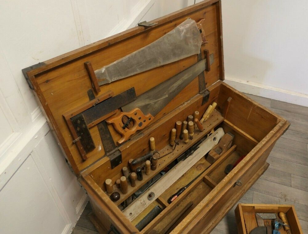 19th Century Carpenters Pine Tool Chest And Tools photo for sale