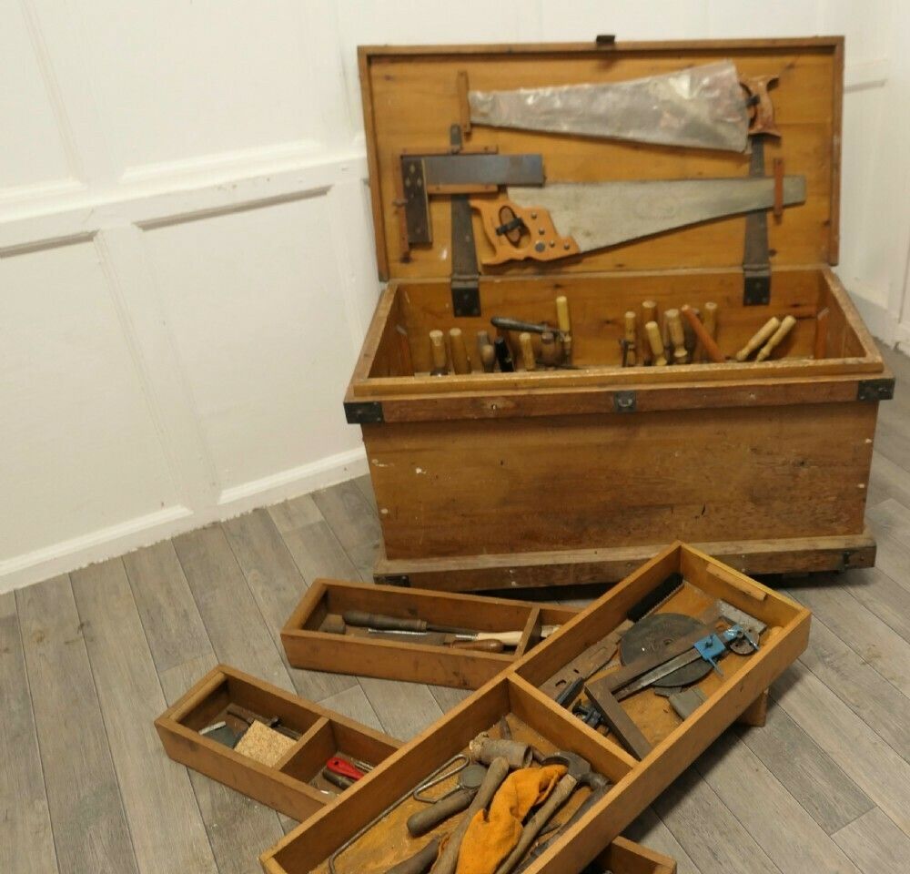 19th Century Carpenters Pine Tool Chest And Tools photo 1920.0