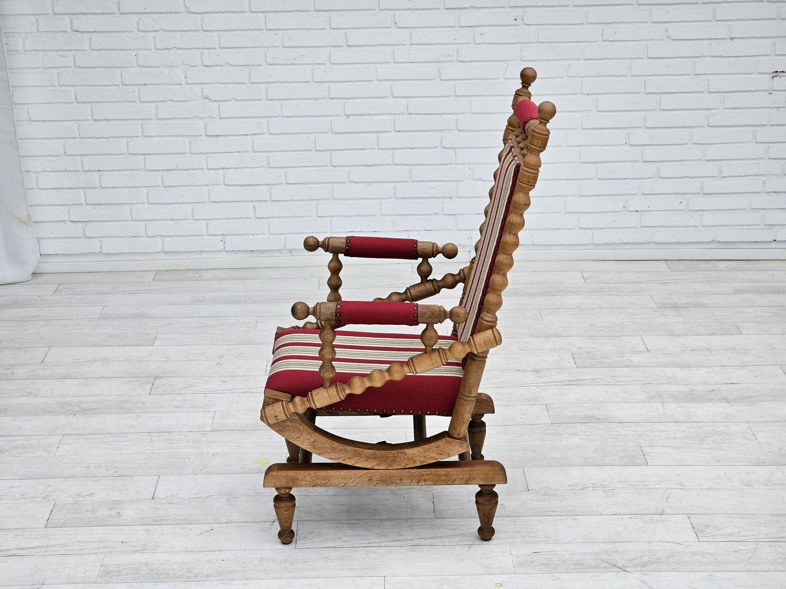 1970s, Danish Highback Rocking Chair, Oak Wood, Furniture Wool, Original Condition. photo vintage