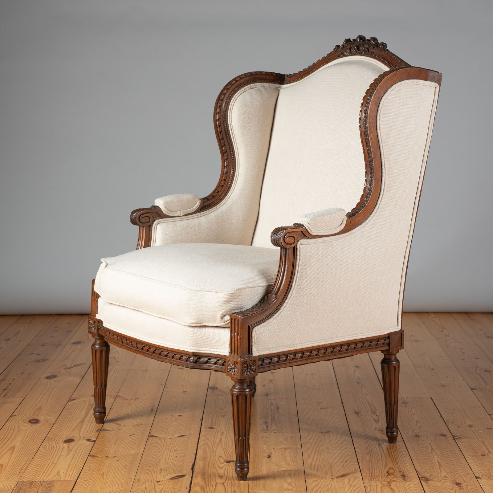 Large 19th Century French Carved Walnut Bergere Upholstered Armchair photo buy