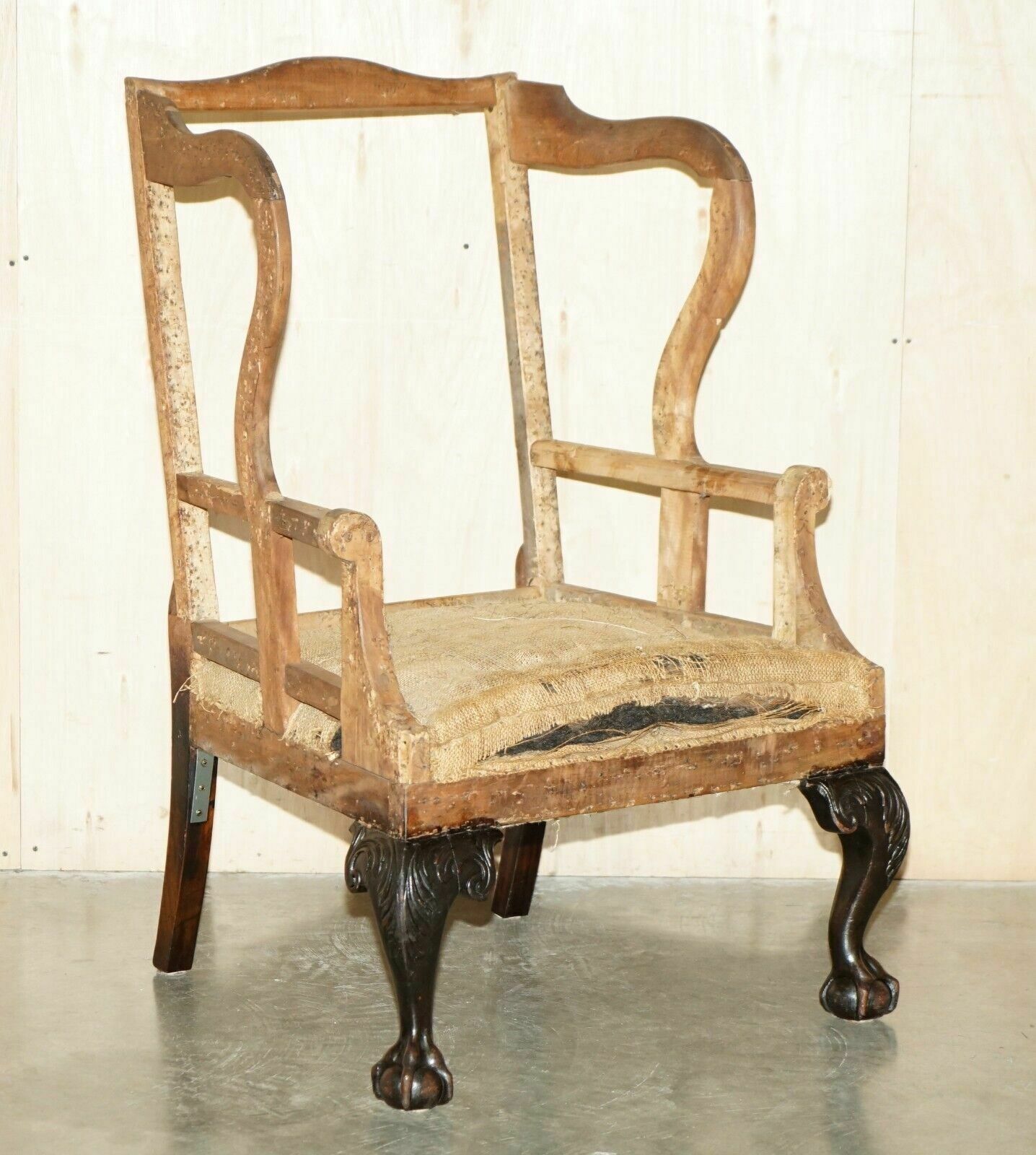 18th Century Claw & Ball Feet Carved Antique Wingback Armchair Frame